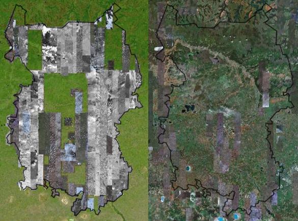 Покрытие Омской области на DigitalGlobe (слева) и Google Maps (справа)